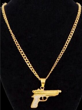 Gold Gun Pendant Necklace - Men's Statement Chain 22” Chain~ Zirconia Stones 💛🖤💛